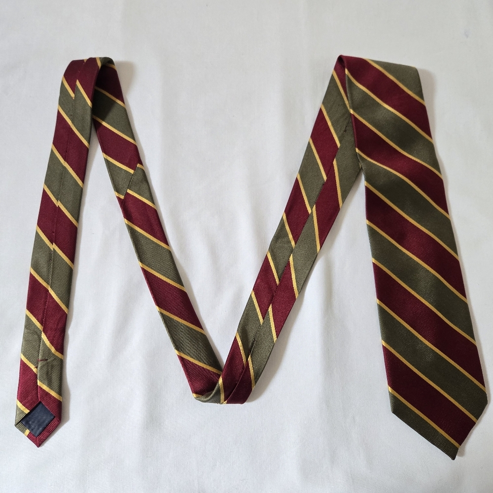 Burgundy and Green Striped Tie With Gold Accents